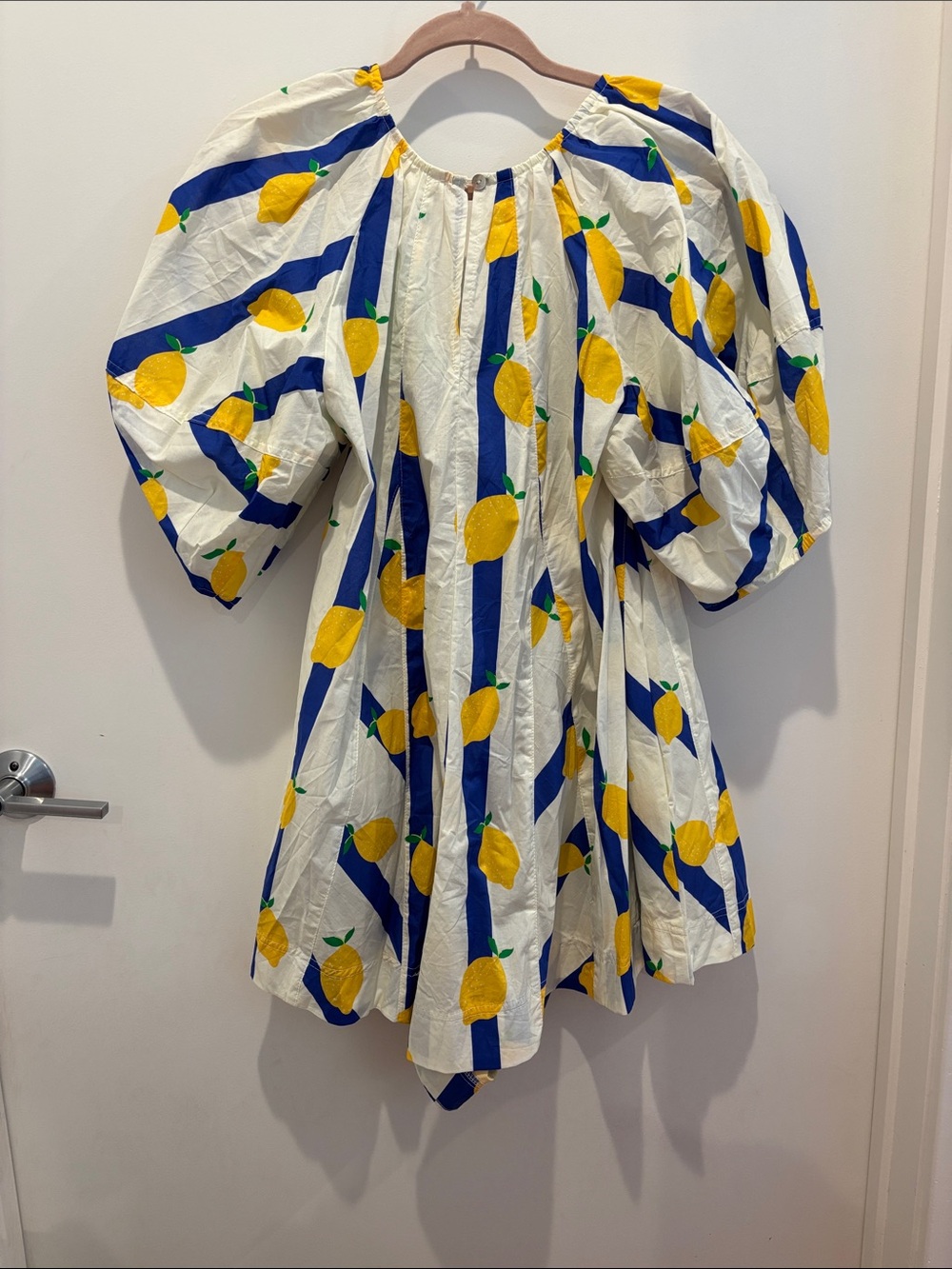 Fantastic Fawn Lemon-Print Puff-Sleeve Romper in White, Yellow & Blue